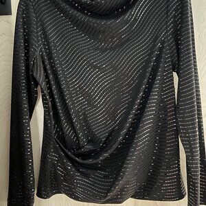 Clara Sun Woo Shimmer Embellished - High Boat Neck Side Draped Top - Black